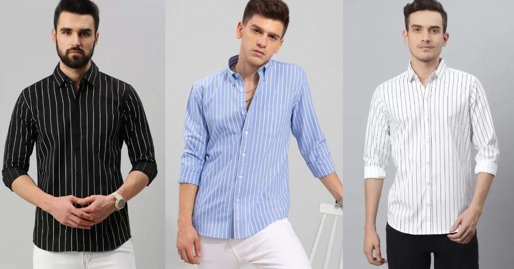 Men Regular Fit Striped Casual Shirts (Combo of 3 - Black, Blue & White)