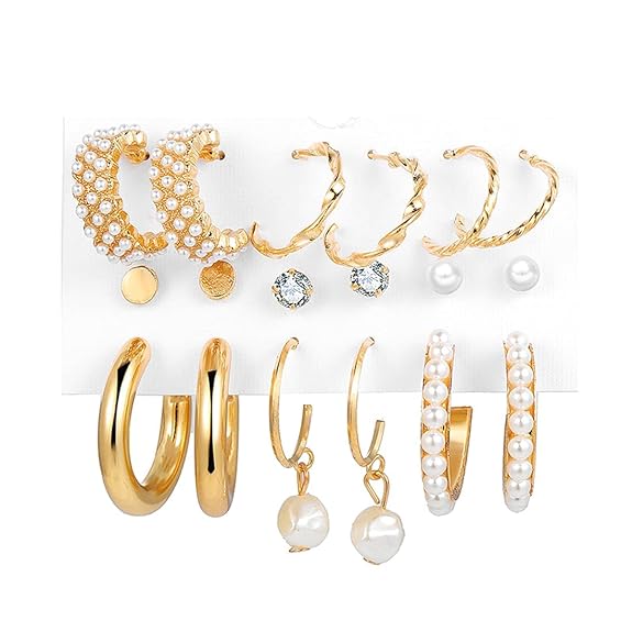 Stylish Gold Plated Pearl Studs & Hoop Earrings (Combo Of 9)