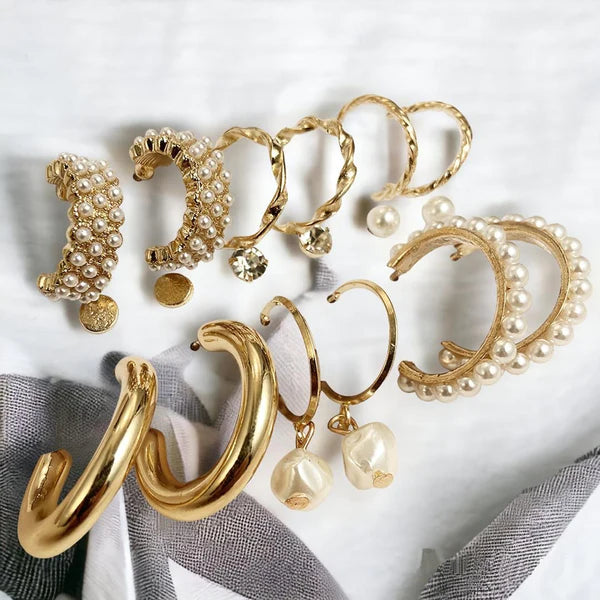 Stylish Gold Plated Pearl Studs & Hoop Earrings (Combo Of 9)