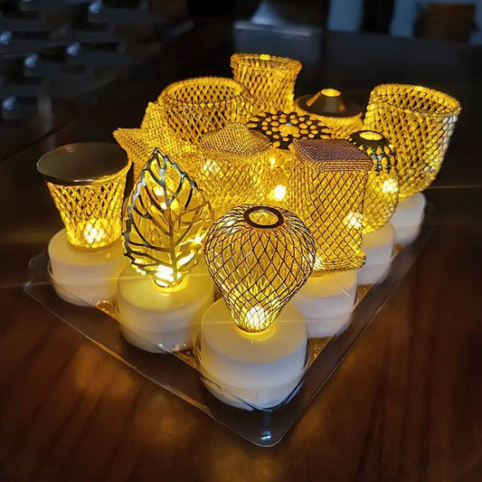 Multiple Shaped Golden Smokeless Candles (Pack Of 12)