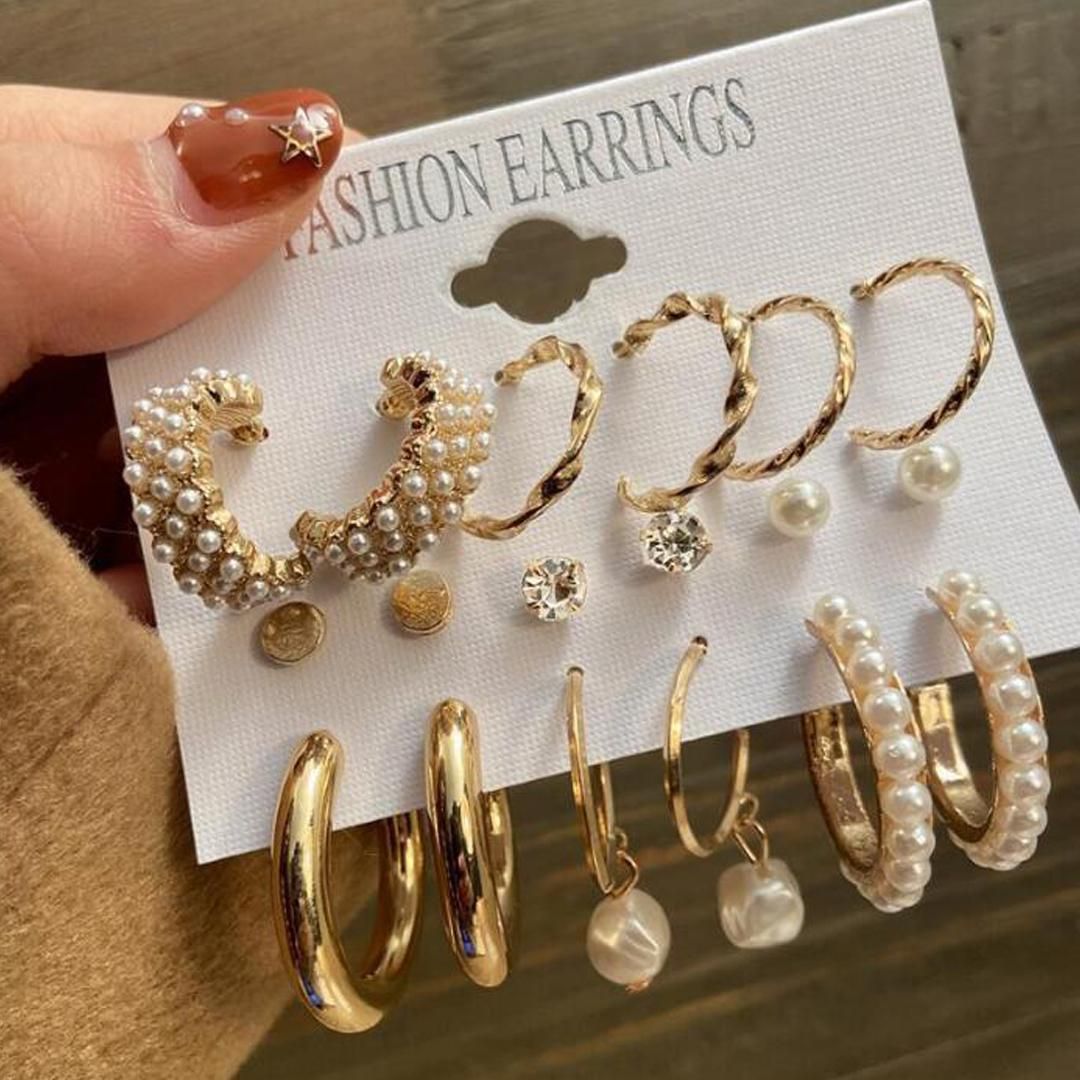 Stylish Gold Plated Pearl Studs & Hoop Earrings (Combo Of 9)